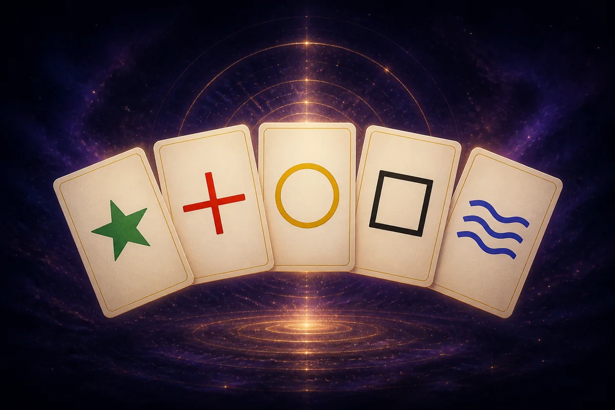 Cinque carte di Zener con stella, croce, cerchio, quadrato e onde