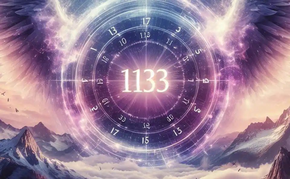 Rappresentazione mistica dei numeri angelici 1133 e 2323 in un ambiente celestiale