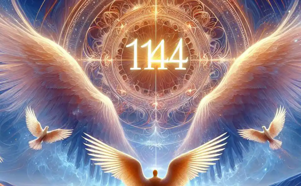 Rappresentazione mistica ed eterea del numero angelico 1144 con numerazione splendente e immaginario celestiale.