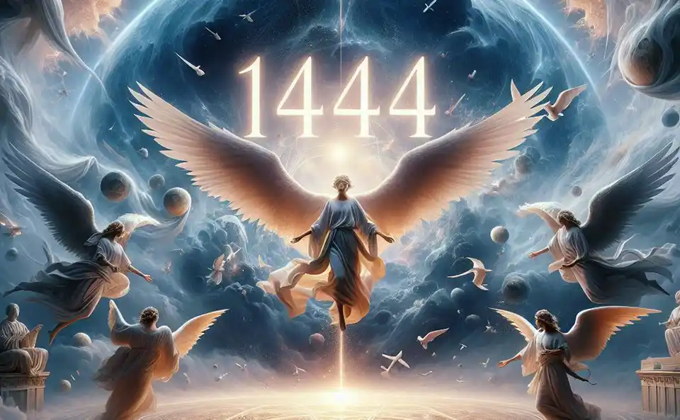 Angelo che tiene il numero 1444 in un cielo stellato