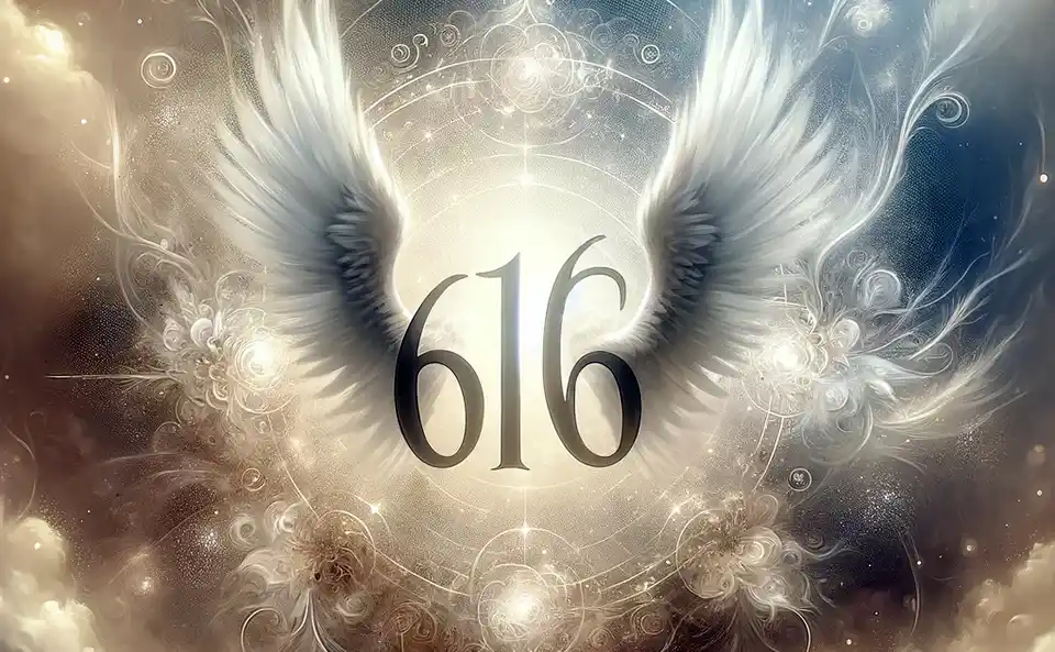 Numero 616 con sfondo celestiale e motivi angelici