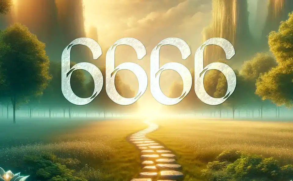 Figure angeliche eteree in un regno celestiale con il numero 6666 che risplende tra nuvole e stelle.