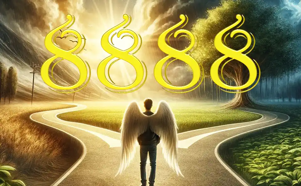 Numero angelico 8888 su uno sfondo celestiale che rappresenta l'illuminazione spirituale e la positività