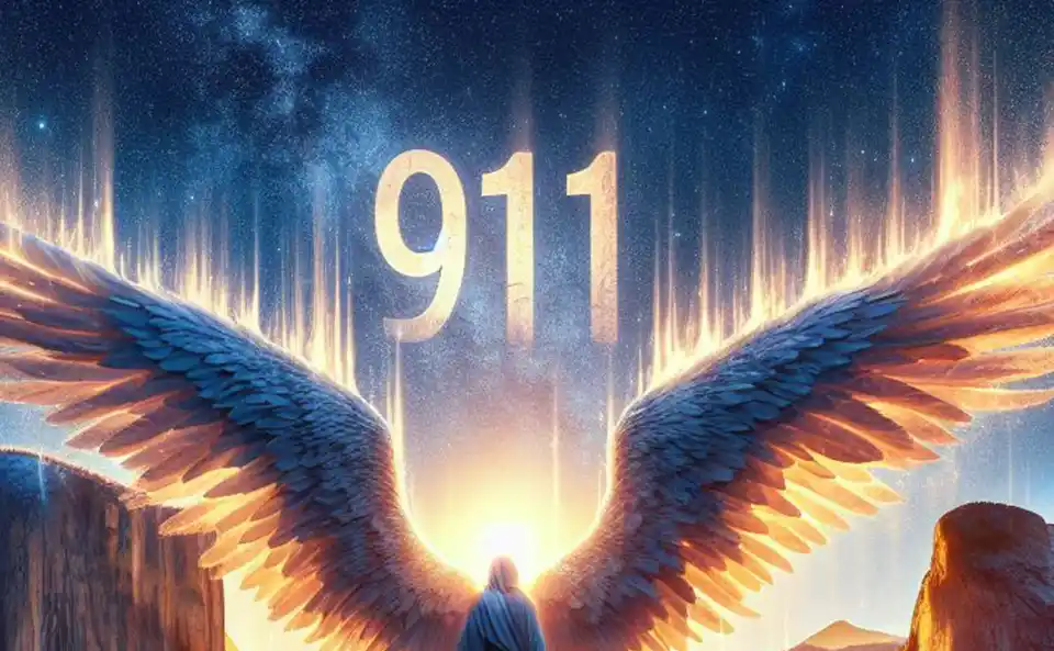 Figura angélica rodeada de números brillantes con el 911 destacado