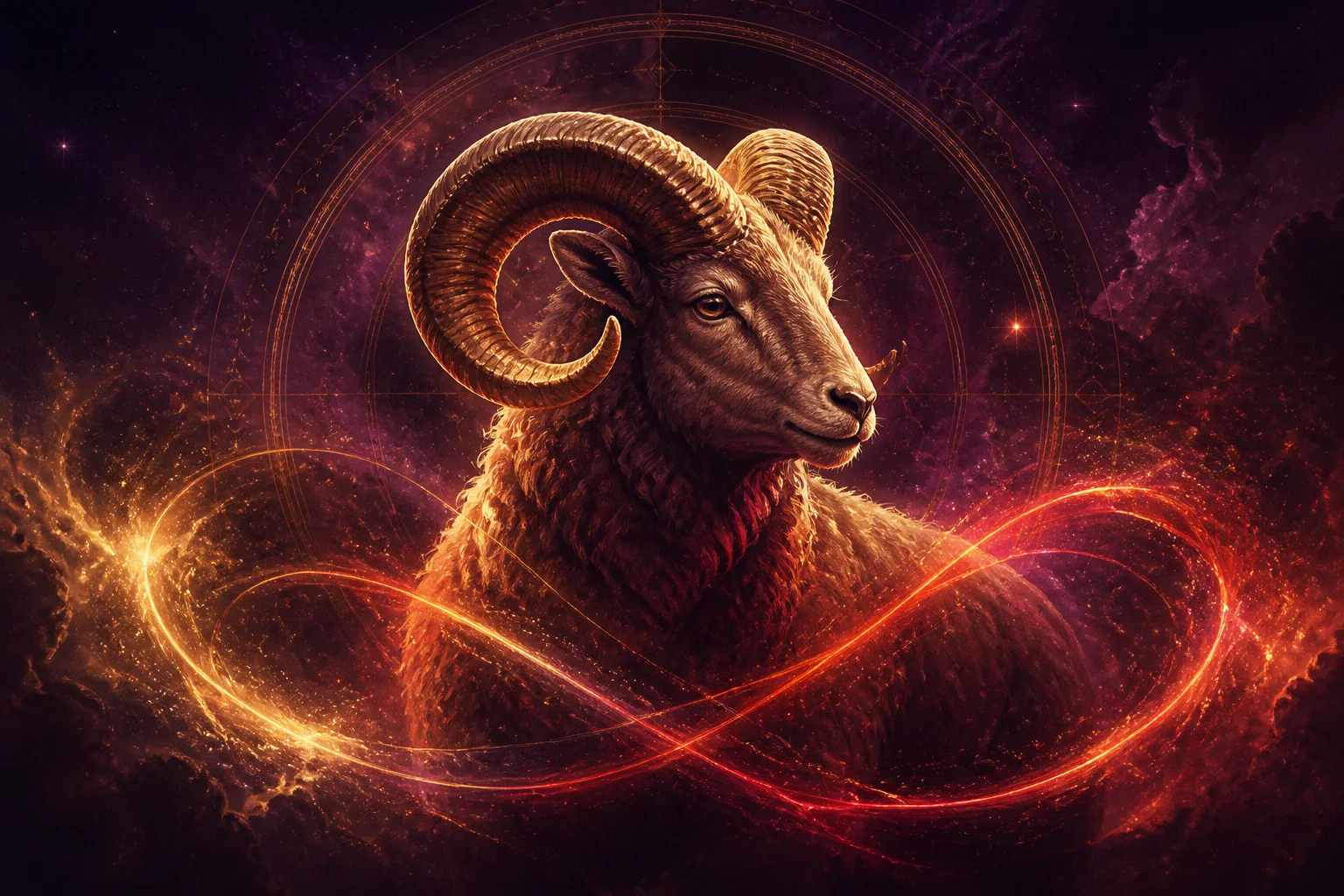 Ariete in amore, avvolto da energia cosmica dorata e rosa