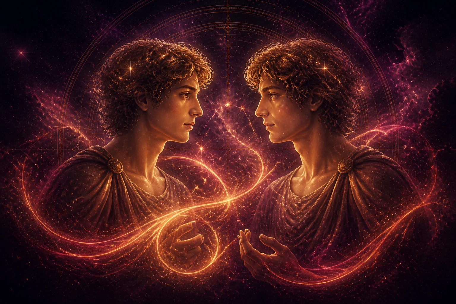 Gemelli in amore, avvolto da energia cosmica dorata e rosa