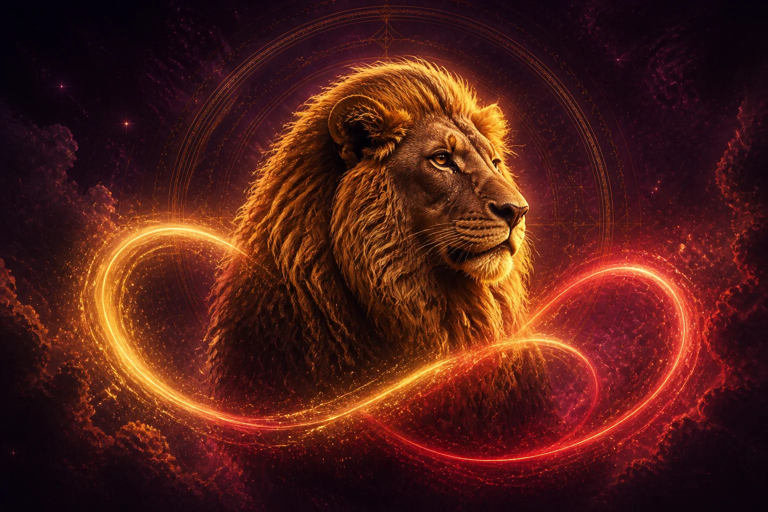 Leone in amore, avvolto da energia cosmica dorata e rosa